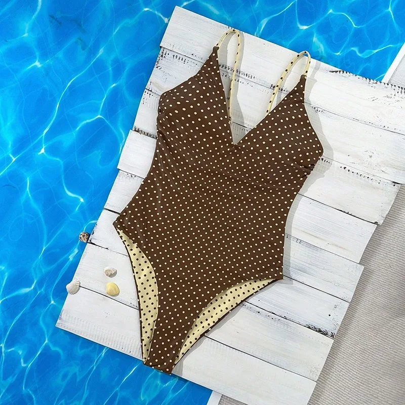 sexy polka dot print swimsuits one piece deep v-neck bodysuits bikinis bathing suit swimwear biquini tankini trikini