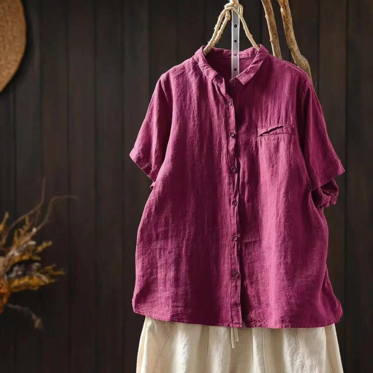 2026 Women 100% Linen Short Sleeve Shirts and Blouses Japanese Style Vintage Summer Solid Tunic Top Ladies Clothes