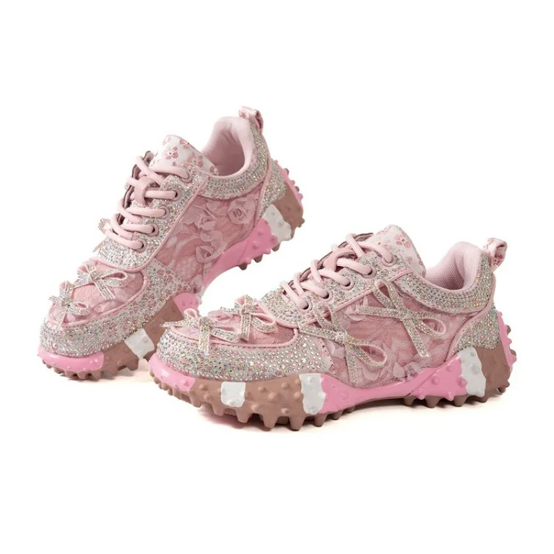 Women Bling Rhinestone Bow Chunky Sneakers Full Diamond Floral Print Platform Dad Shoes Ladies Lace Up Thick Sole Sparkly Casual