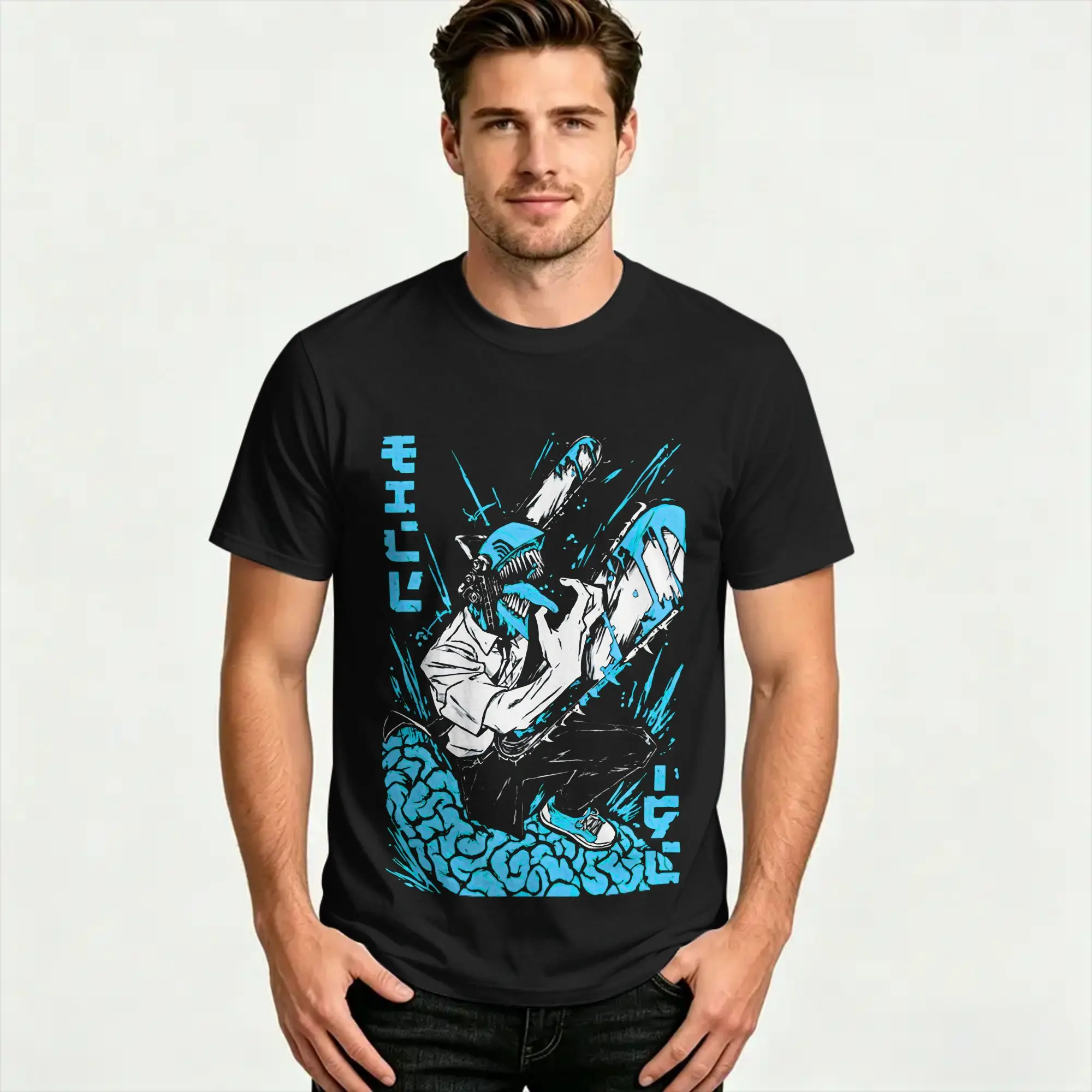 Denji Blue Chainsaws Man T-Shirt For Men Women Cotton Tops Shirts Funny Manga Makima Pochita Round Neck Short Sleeve