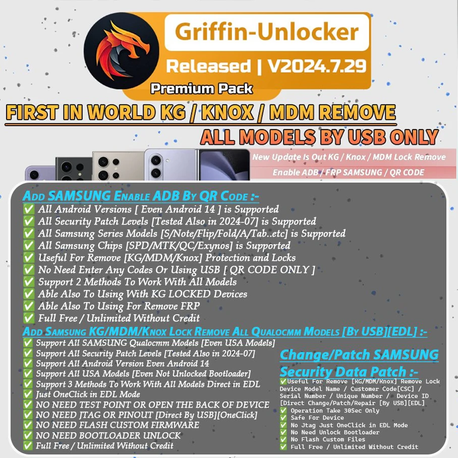 Griffin-Unlocker Tool 1 Year Account With Extra Package for Samsung KG KNOX MDM FRP Repairing