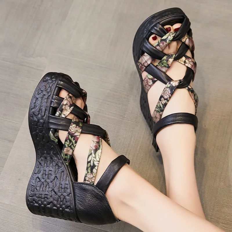 DRKANOL 2024 Women Wedges Sandals Summer Shoes Printing Cross Genuine Leather National Style Chunky Platform Fish Mouth Sandals