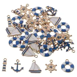 50pcs Alloy Nautical Collection Charms Lighthouse, Lifebuoy, Rudder, Anchor and Sailboat about 18mm in Length Alloy Anchor Charm