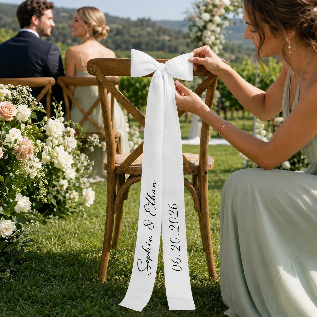 Personalized Wedding Chair Ribbon Custom Name Seating Bow for Wedding Sign Bridal Party Reception Ceremony Chair Decoration view 6