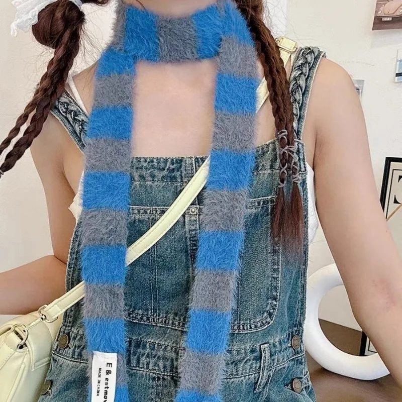 Striped Plush Scarf Women's Niche Design Sense Spice Girl Versatile Decoration Korean Version Thin and Narrow Long Scarf