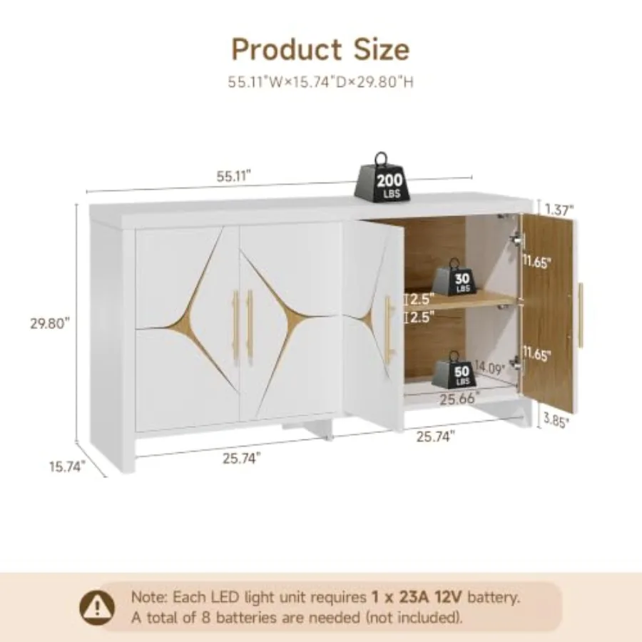 55 Buffet Cabinet with Storage, Adjustable Shelves for Dining Room, Wood, Natural Finish, Spacious and Customizable Interior