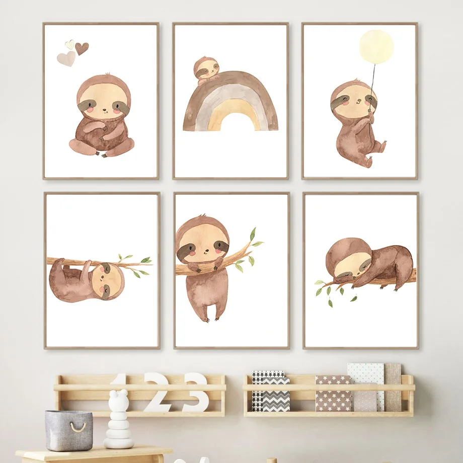 

Cute Sloth Boho Nursery Rainbow Balloon Boy Girl Wall Art Canvas Painting Nordic Posters And Prints Picture Baby Kids Room Decor