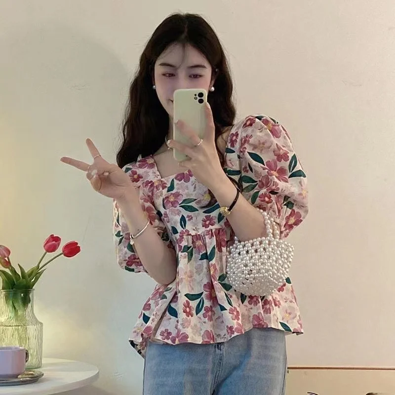 

Romantic Square Collar Bubble Sve irt Women's Summer New Gentle Floral Doll irt ort Top Korean Sle Printed Blouse