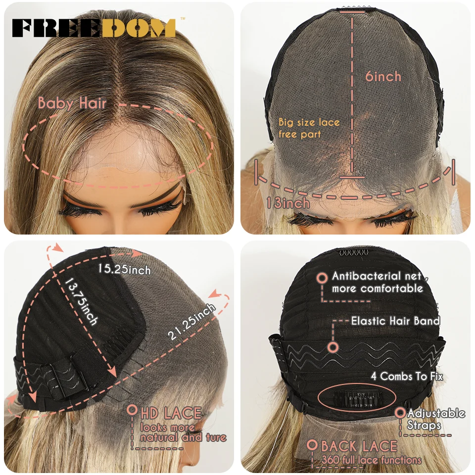 FREEDOM 13X6 Synthetische Lace-Front-Perücken für Frauen 26 Zoll Wellige Lace-Perücke Ombre Braun Blond Highlight Perücke für den täglichen Gebrauch – Detail 5