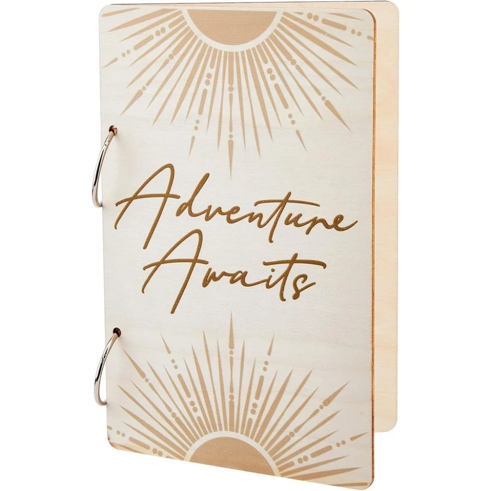 Wooden Loose Leaf Binder Adventure Awaits Greeting Card Postcard Photo Album 2-Rings Cover Sun Birthday Reminder Calendar Keeper