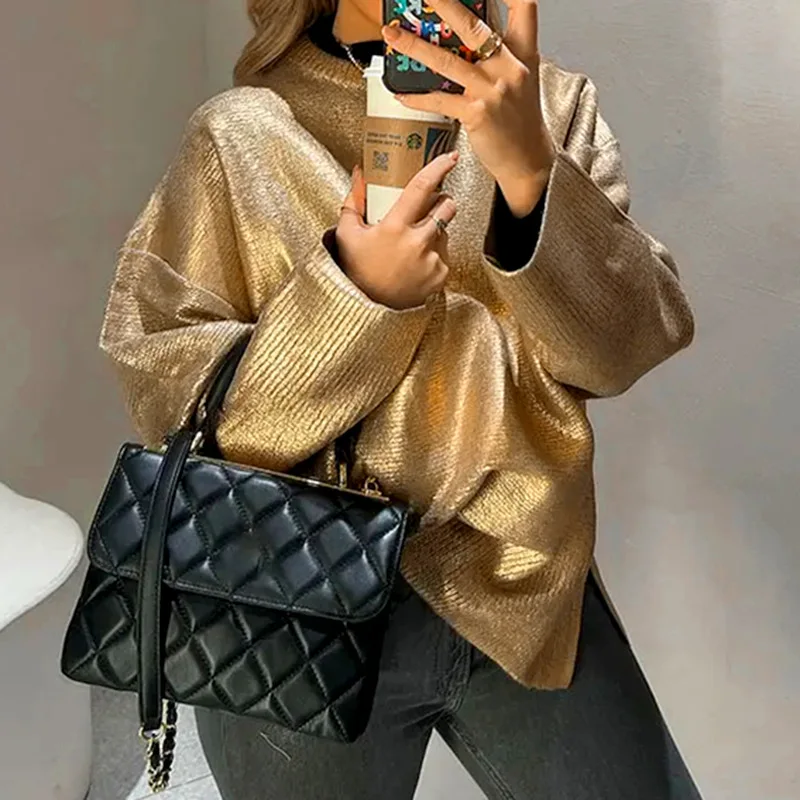 JHJN 우아한 골드 여성의 밝은 실크 풀오버 스웨터 인과 세련된 O 넥 긴 소매 점퍼 가을 여성 패션 니트웨어