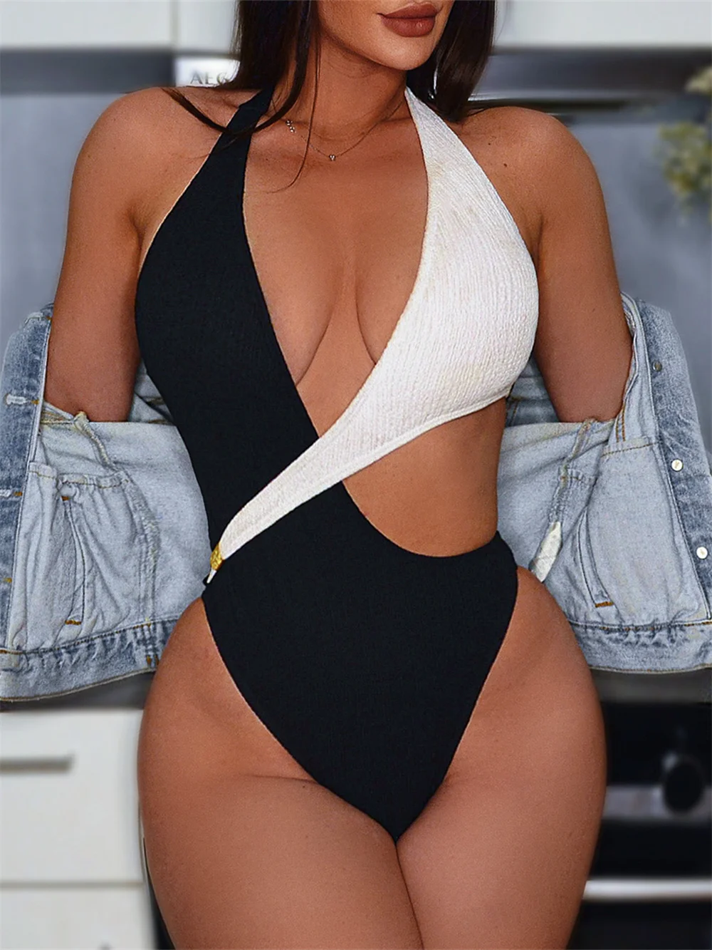 Irregular Design Black with White Bandage Bikini Hollow Out Extreme Micro Swimsuit Women 1-piece Swimwear Beach Outfit Bath Suit