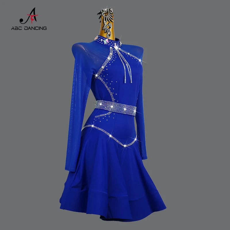 New Blue Latin Dance Professional Competition Dress Long Sleeve Sexy Samba Show Clothes Practice Wear Costume Ladies Short Skirt