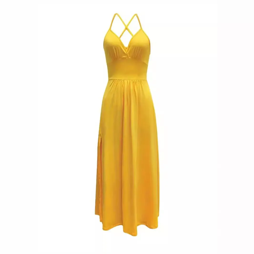Elegant Party Dress Evening Satin Yellow V Neck Spaghetti Strap Backless Long Wrap Gown Cross Back Maxi Dress for Wedding Guest view 4