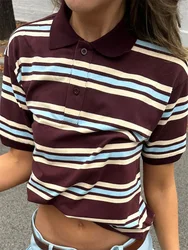 Women Summer Basic T-Shirt Casual Striped Print Lapel Short Sleeve Tops For Streetwear Aesthetic Grunge Clothes Hot Sale S-XL