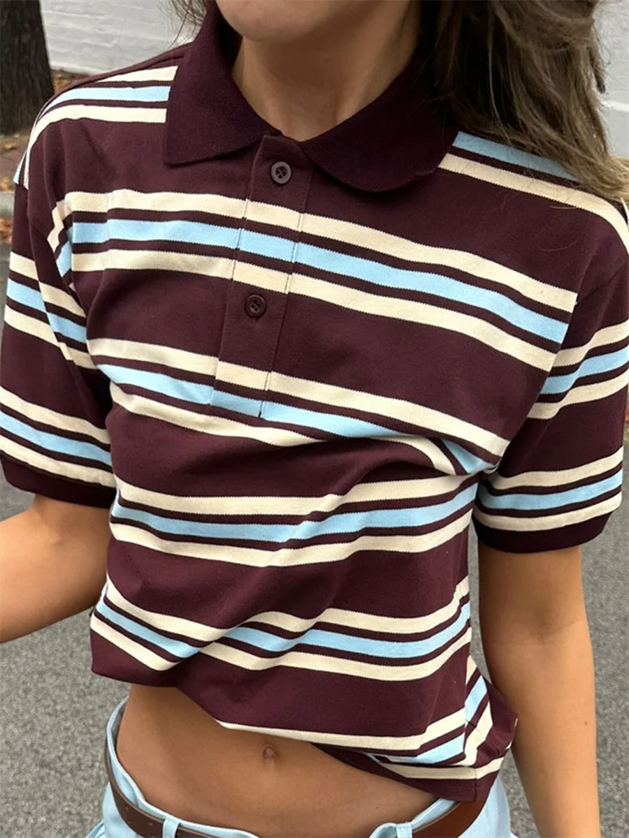Damska letnia podstawowa koszulka Casual nadruk w paski z klapami z krótkim rękawem topy na Streetwear estetyczne ubrania Grunge gorąca sprzedaż S-XL