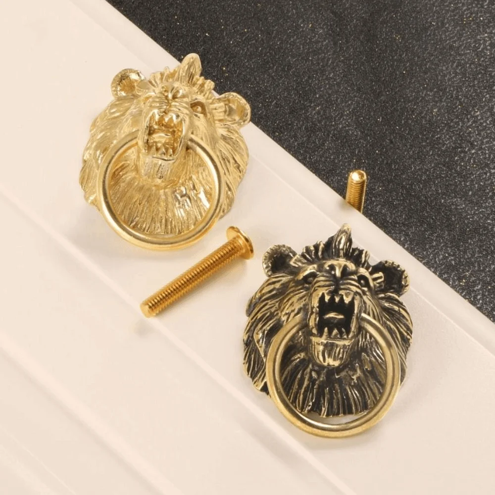 Retro Lion Head Knob Brass Handle Furniture Hardware Single Hole Cabinet Door Knobs Gold Vintage Wardrobe Drawer Pulls Kitchen