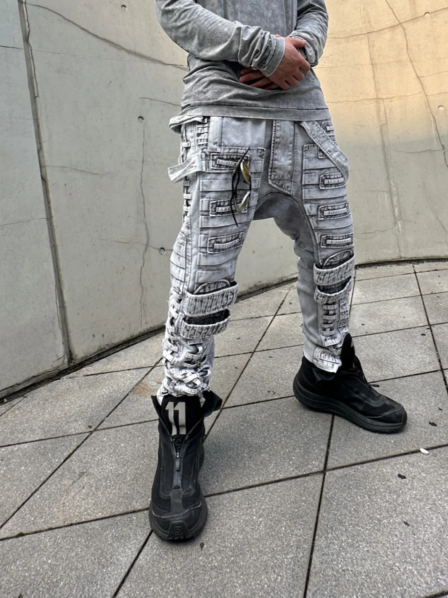 Wasteland-pantalones ajustados Punk para hombre, ropa de calle de Color claro, desgastado, teñido anudado, corte ajustado, entrepierna suelta