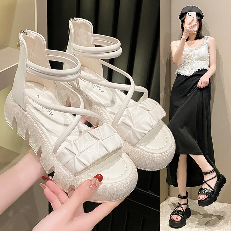 

High Top Roman Sandals Ladies 2024 Summer Platform Crossed One-Word with Open-Toe Casual Sandals