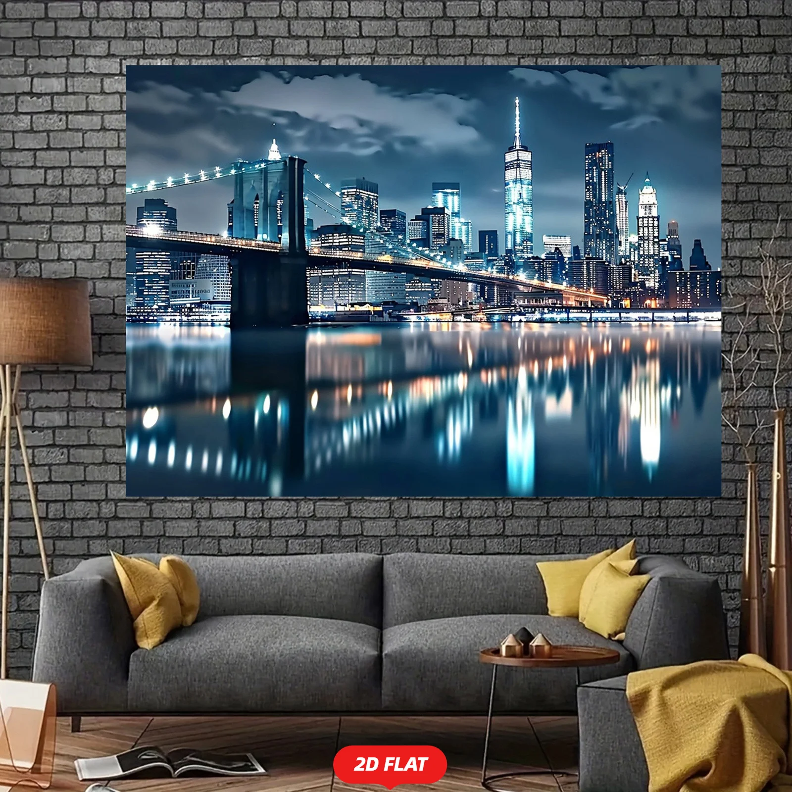 2D Flat,New York City Night Skyline Brooklyn Bridge Reflections Tapestry Wall Hanging for Living Room Bedroom Decor Urban