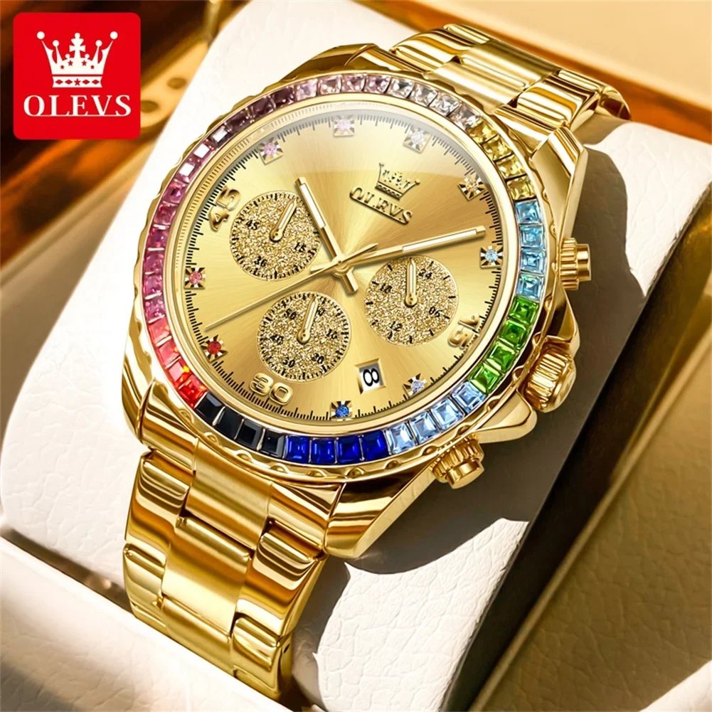 

OLEVS Men's Quartz Watch Colorful Diamond Stainless Steel Watch for Men Luxury High Quality Multifunction Chronograph Wristwatch