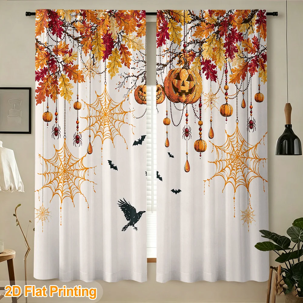 2PCS Halloween Fall Curtains, Pumpkin Spider Web Bat, Digital Print, Bedroom Living Room, Office, Kitchen, Dining Room
