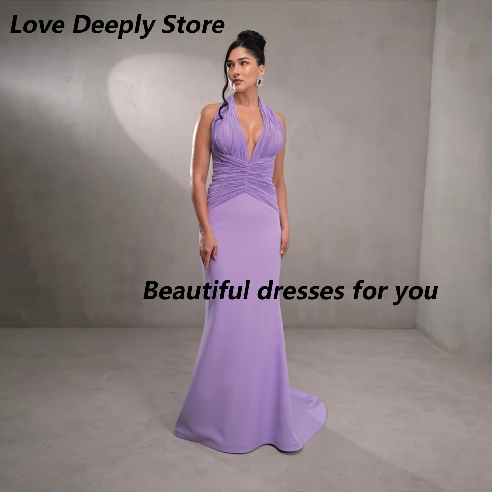 

Sexy Halter Prom Dresses Purple V-Neck Sleeveless Mermaid Prom Gowns Backelss Court Train Cocktail Party Gown Customized