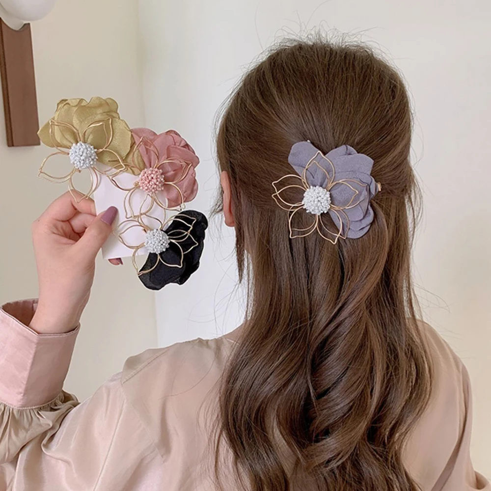 Women Vintage Elegant Hollow Out Metal Flower Cloth Petal Hairpins Sweet Side Hair Decorate Hair Clips Barrette Hair Accessories