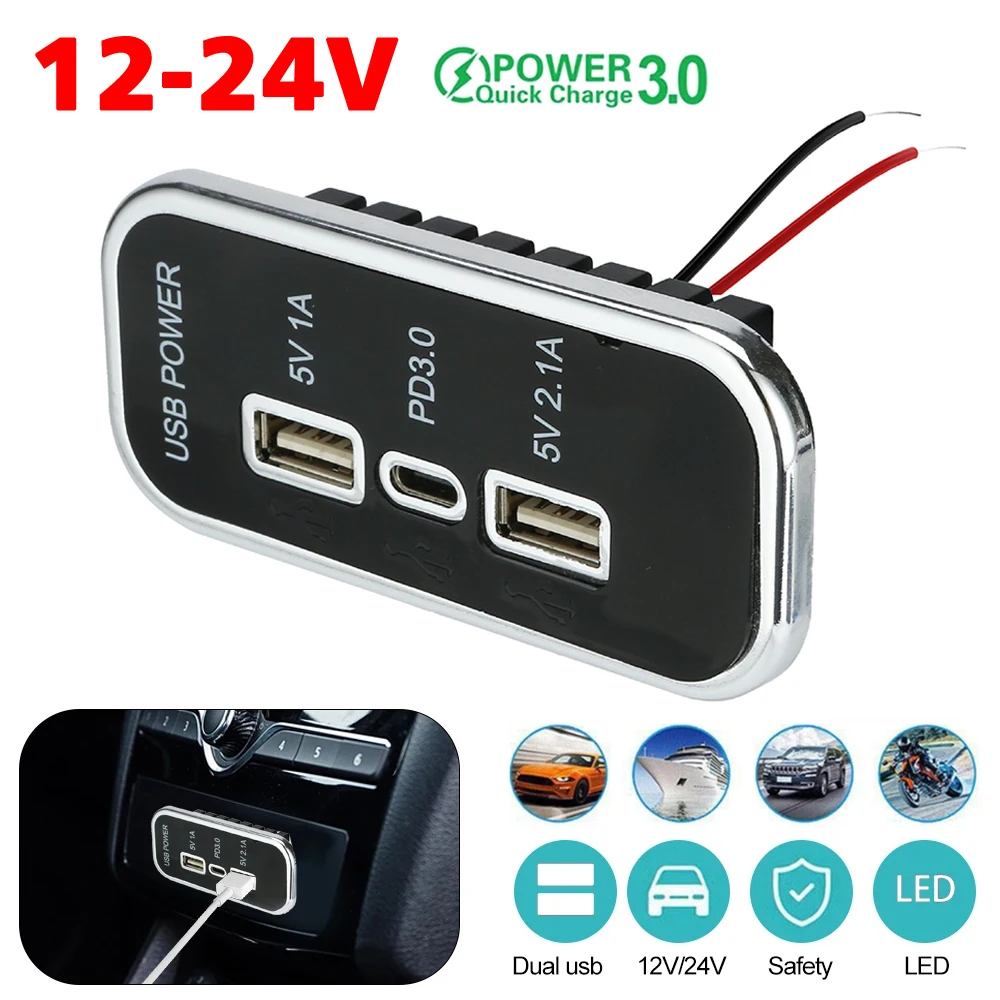 

12V-24V Car Charger PD 3.0 Type-C 2.1A 1A Dual USB Socket for Motorcycle Auto Truck ATV Boat RV Bus Power Adapter Outlet