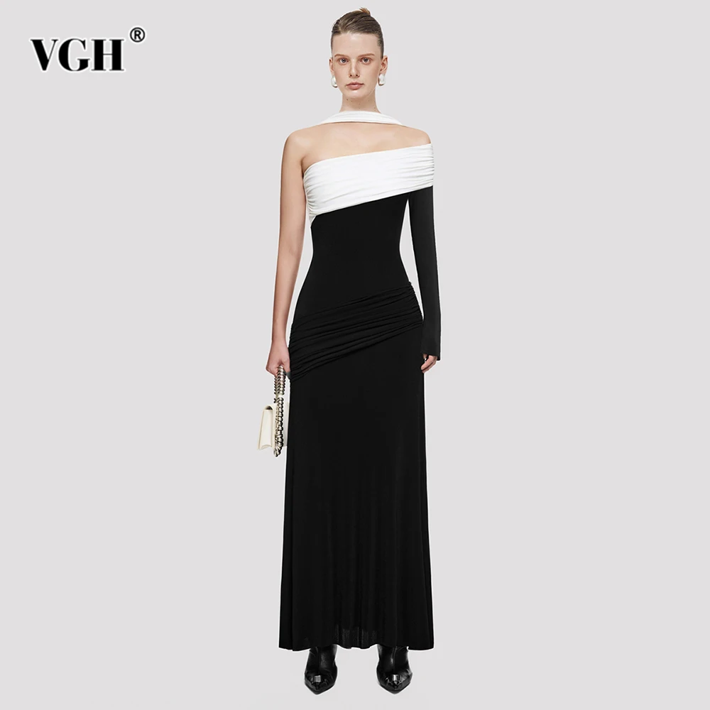 

VGH Hit Color Slimming Evening Dresses For Women Diagonal Collar Single Shoulder Sleeves High Waist Folds Long Dress Female New