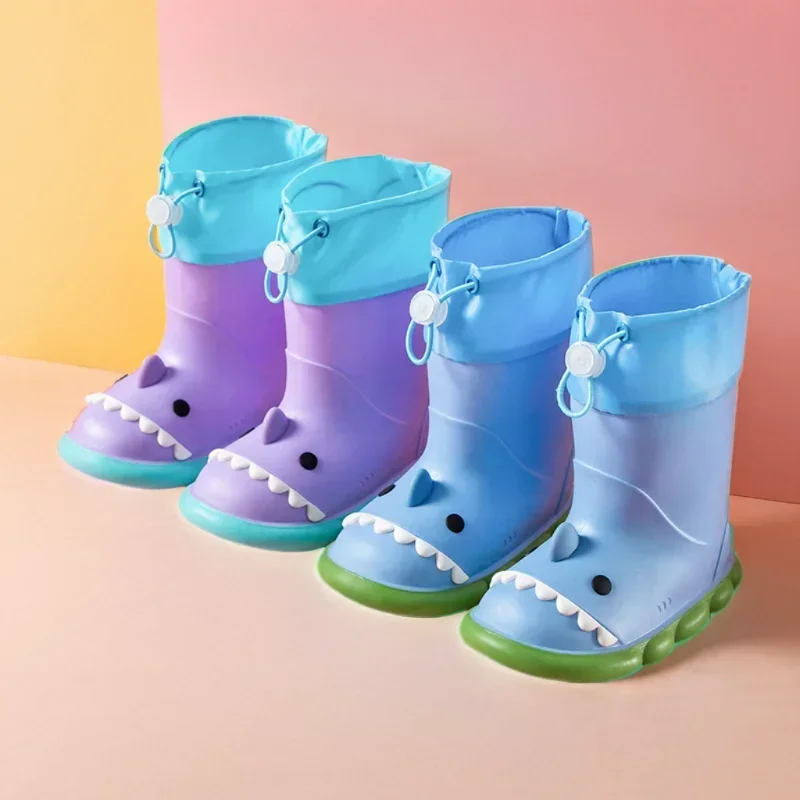 Children Rain Boots Cartoon Shark PVC Waterproof Rainshoes Todller Kids Shoes Boys Girls Water Shoes Soft Sole Anti-Slip Shoes