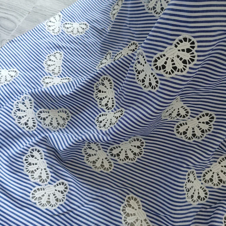 New 100% cotton blue yarn-dyed fabric with laser-cut embroidered butterfly lace embroidery for clothing home decor DIY sewing view 3