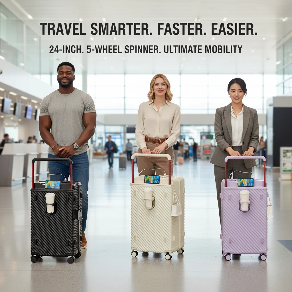 

Легкий дорожный чемодан на 5 колесах с USB-портом и подстаканником, вместительный, 24 дюйма, на молнии