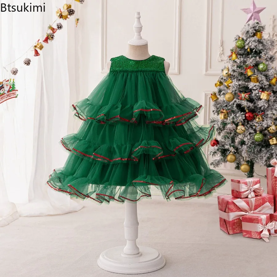 New Christmas Toddler Girls Glitter Green Tulle Dress Multi-Layer Ruffles Festive Xmas Tree Theme Little Princess Party Dresses