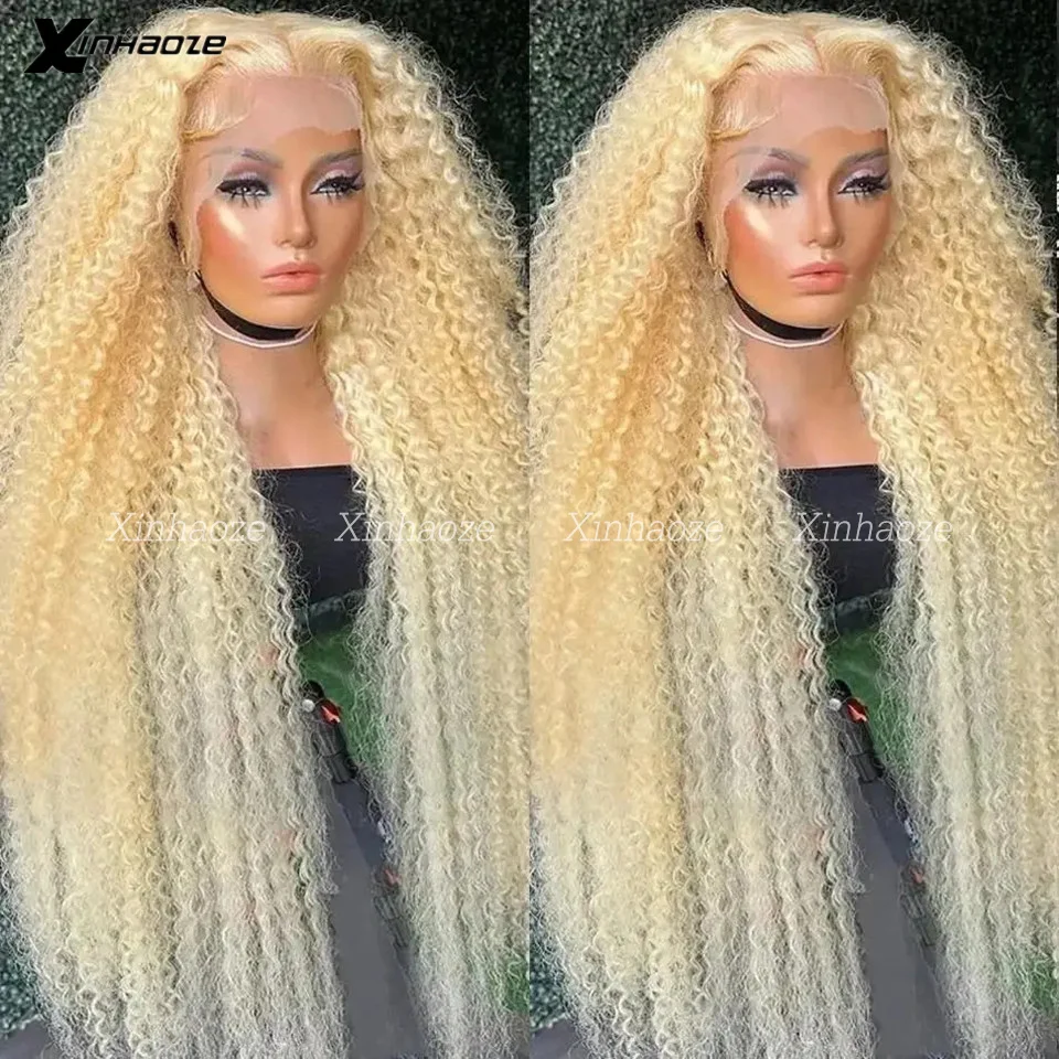 Sem cola # 613 loira encaracolado cabelo humano 13x6 perucas frontais do laço pode ser tingido novamente orelha a orelha laço 13x4 frente do laço perucas de cabelo humano