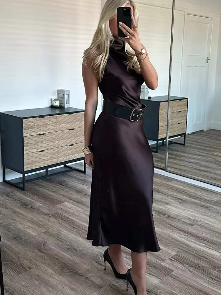 HH Vrouwen Nieuwe Elegante Jurk Effen O-hals Mouwloos Holle Knop Riem Decoratie Vrouwelijke Zomer Mode Lange Jurk