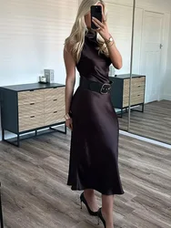 HH Women New Elegant Dress Solid O-Neck Sleeveless Hollow Out Button Belt Decoration Female Summer Fashion Long Dress