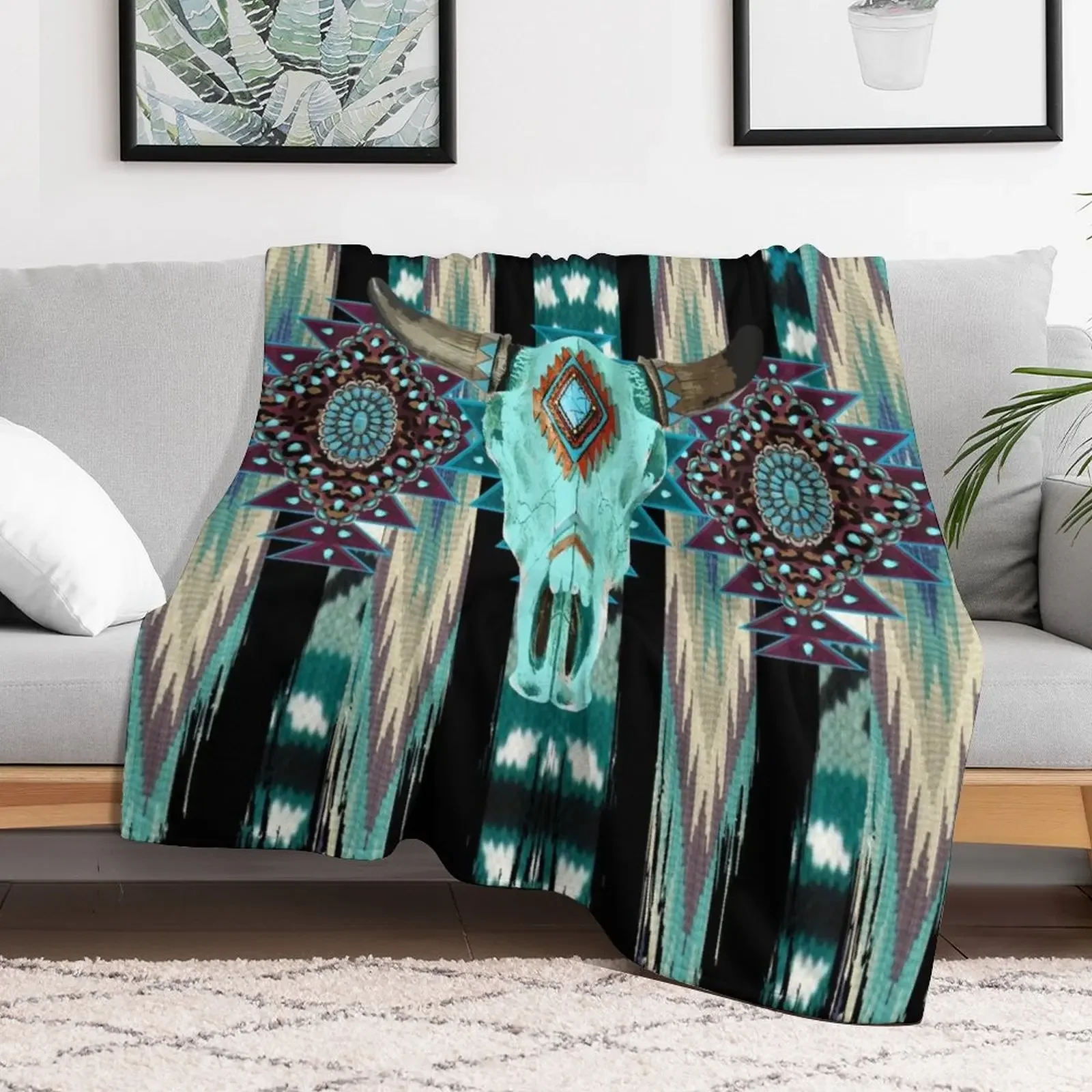 Tribal Design With Cow Scull - Turquois, Blue And Purple Brush Strokes Throw Blanket Modern Design Soft Blanket for Home Decor