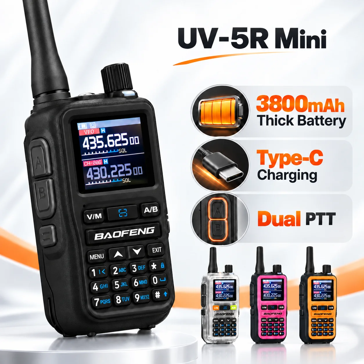 4PCS Baofeng UV-5R Mini Walkie Talkie Upgraded 3800mAh Capacity USB-C Charging Dual PTT Multi Color AM FM VHF Ultralight Radio