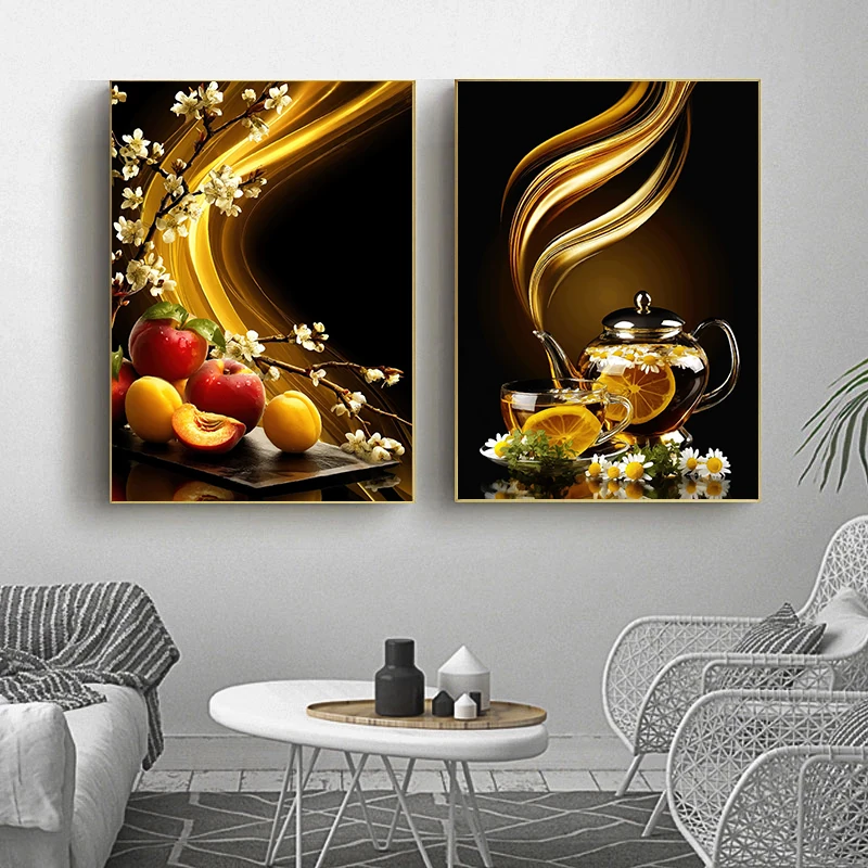 Póster de Lujo Dorado con Diseño de Alimentos de Cocina, Cuchillo, Aceite de Oliva y Frutas, Impresiones Modernas en Lienzo, Cuadros Decorativos para Pared, Arte para Sala de Estar y Hogar