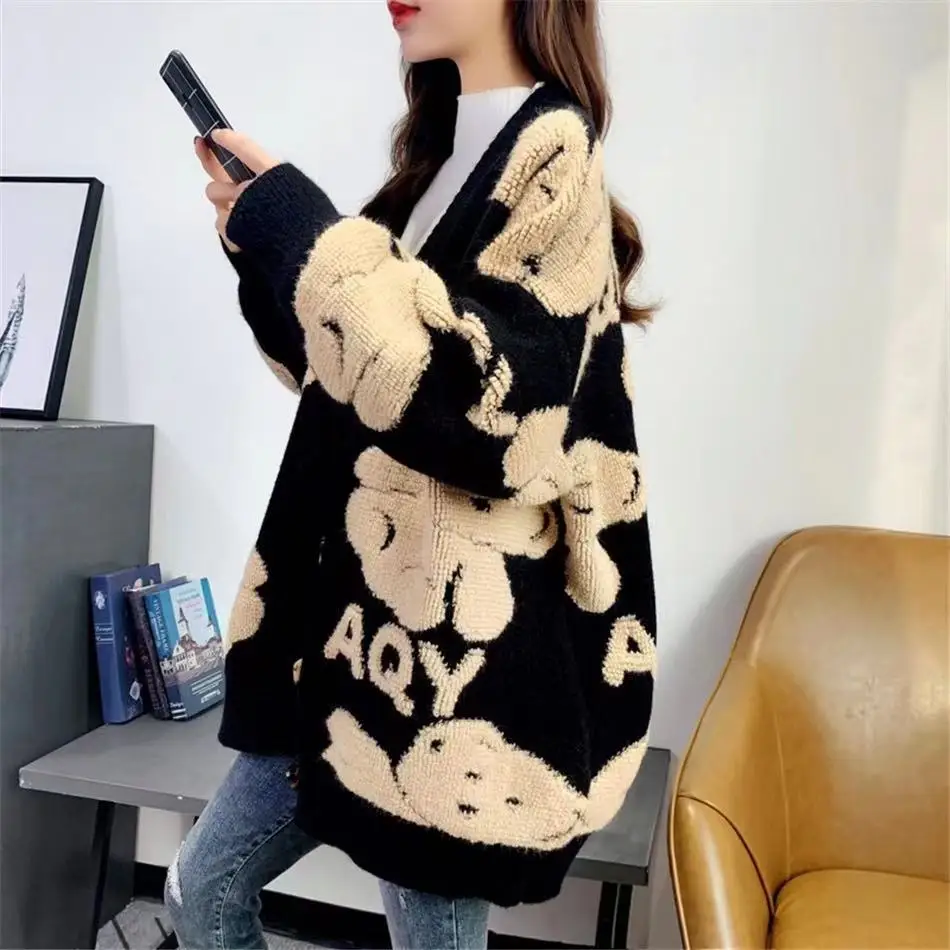 Autumn Women Sweater Cardigan Bear Letter Pattern Cute Loose Knitted Coat Button Down V Neck Ladies Cardigan Long Sleeve