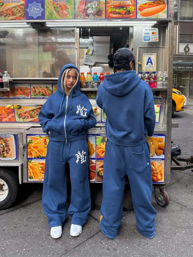 Hip-hop traje de viento de calle americana con cremallera suéter con capucha Pantalones rectos tendencia personalidad calle alta 2025 traje de otoño e invierno