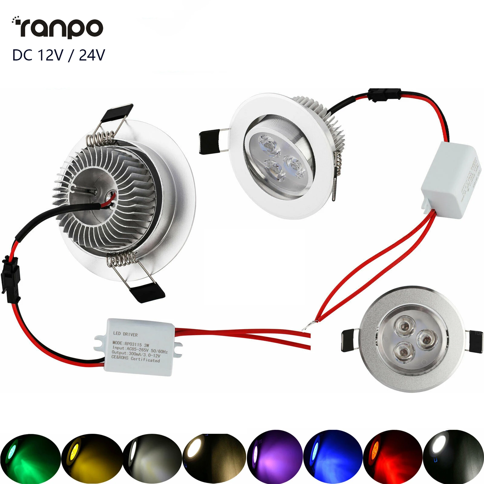 

3W LED Spotlight 12V 24V Recessed Ceiling Downlight With Driver Red Blue Green Yellow Purple White Light Bulb for Home Decor