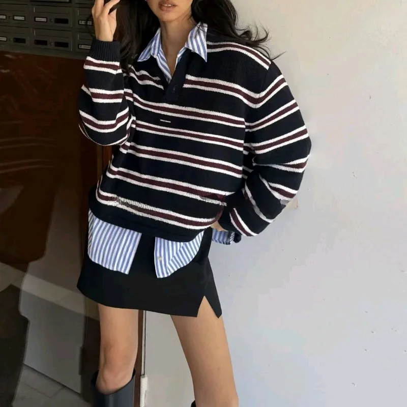 Fall New Arrival Women's Retro College Sle  Ne Striped Knit Sweater Long Sve Polyester Fiber Hooded Casual Top