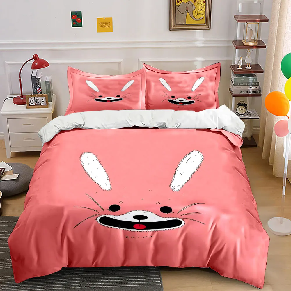 

Cartoon bunny minimalist smiling face Printed Duvet Cover Set 1 Duvet Cover+2 Pillowcase Multi Size Bedroom Bedding Decor