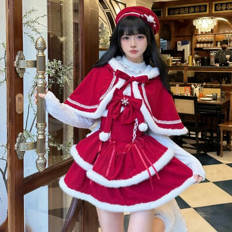 

Japanese Kawaii Lolita Dress Sets Women Hooded Shawl Short Jackets Bow Mini Skirt Korean Style Sweet Red Christmas New Year Suit