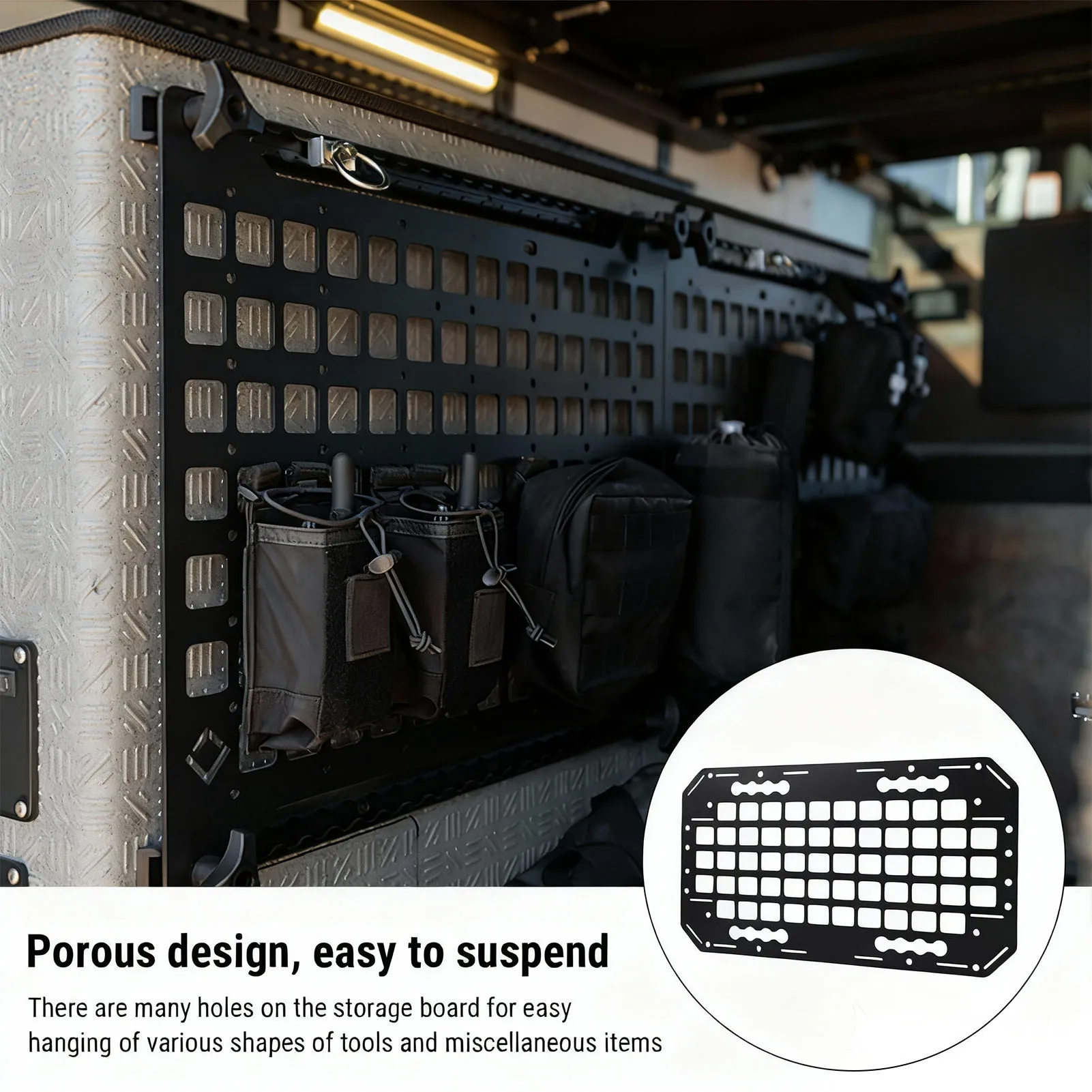 

Truck Bed Molle Panel 10.51x19.25x0.08in Aluminium Side Truck Bed Molle Panel Rack System for Sedans SUVs Pickups Trucks RVs Tra