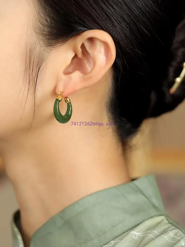 

high-end jade earrings for mother "Yuepan" natural Hetian jade earrings women's sterling silver jasper sapphire light luxury