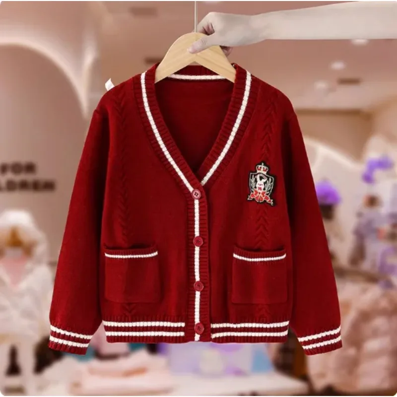 Girls' Spring and Autumn College Style Set Uniform Skirt Cardigan Sweater Coat 3-Piece Set