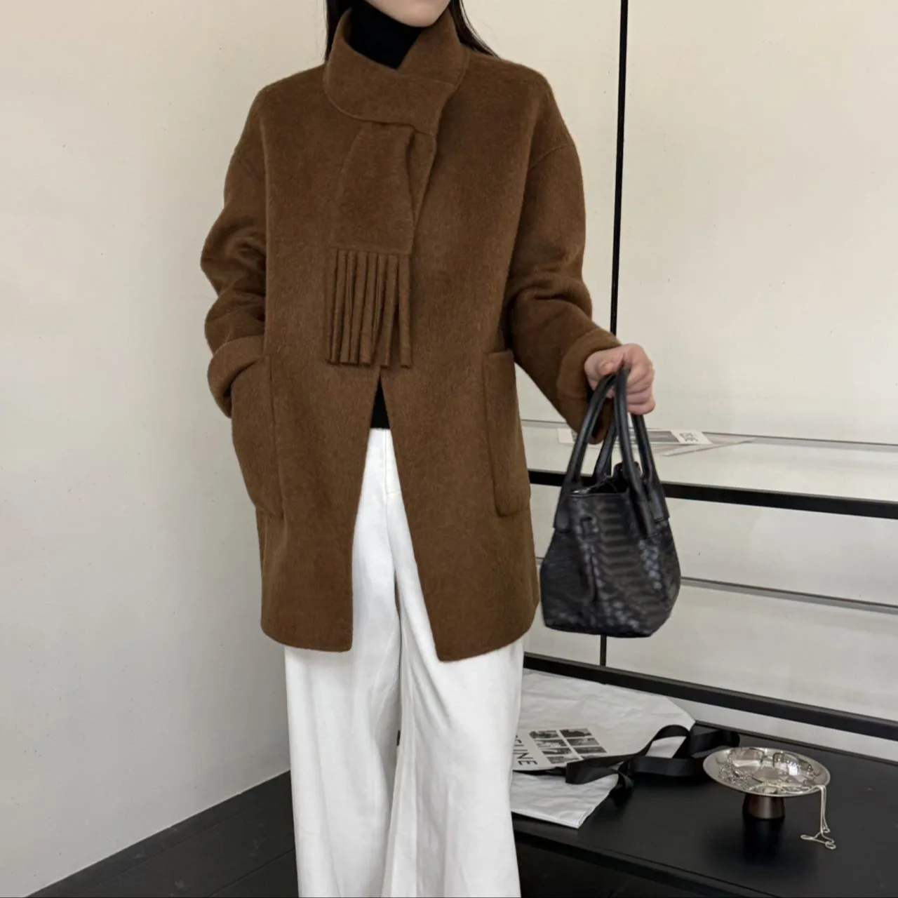 Women Autumn Winter Scarf Collar Tassel Double Faced Wool Coat Korean Loose Length Solid Woolen Outerwear Fashion Warm Overcoat